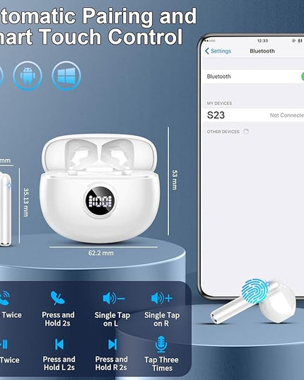 Wireless Earbuds, 2025 Bluetooth 5.3 Headphones HiFi Stereo Ear buds with ENC Noise Cancelling Mics, 40H Bluetooth Earbuds with Dual LED Display, IP7 Waterproof in Ear Earphones for Android iOS, White