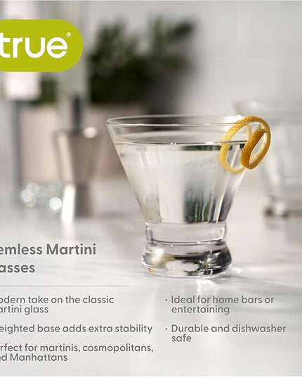 True Stemless Martini Glasses, Set of 4, 8 oz Modern Cocktail Glasses for Martinis, Manhattans, Cosmopolitans, Cocktail Glass Set, Dishwasher Safe, 8 oz, Set of 4
