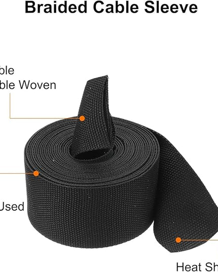 MECCANIXITY Braided Cable Sleeves Heat Shrinkable Fabric Sleeving, 1 1/4" 16ft Black 2:1 Ratio Heat Shrinkable Cord Protector for Harness Cable, Network Cable Protection, Cable Management
