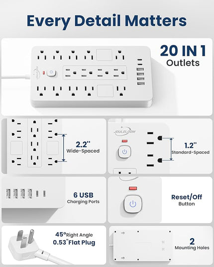 Surge Protector Power Strip-14 Outlets and 6 USB Ports, 6 Feet Flat Plug Extension Cord, 1850 Joules, White, ETL Listed for Home, Office, Dorm Room
