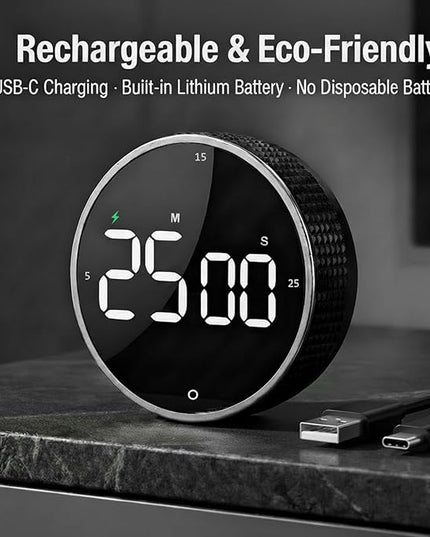 Rechargeable Magnetic Kitchen Timer, LED Countdown/Count-Up Timer, Supports USB-C Charging, with Loud Alarm, 3 Preset Quick Times (5/15/25m), Perfect for Kitchen Cooking, Studying, and Fitness