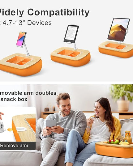 Tablet Pillow Stand for Lap Use with Snack Bowl and 360° Rotating Arm, Adjustable iPad Holder for Bed, Couch, and Recliner, Compatible with 4.7"-13" Kindle, iPad, Tablet, Phone,Orange