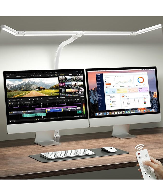 ONEMIX 42" LED Desk Lamp with Clamp, Architect Desk Light with Remote, Adjustable 4-Segment Bar, 1800LM Bright, Eye-Caring Desk Lamp for Home Office, Reading, Study, Dual Monitors, Workbench (White)