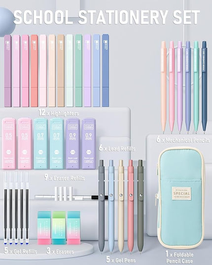Four Candies 39 PCS Aesthetic School Supplies with Cute Pen Case, 12 Pastel Highlighters, 5 Black Ink Gel Pens, 6 Mechanical Pencils Set for Students Stationary College Essentials (Blue)