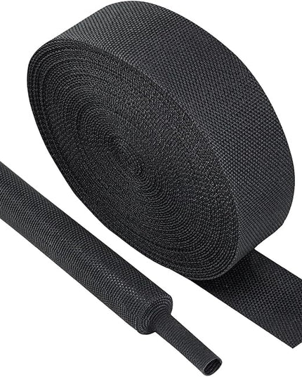 SUNNAREPOON Black 2:1 Ratio Automotive Heat Shrink Braided Sleeving,Wear-Resistant Flat Woven Shrinkable Sleeve Fabric Car Cable Wires Hoses Protection (1"-66ft)