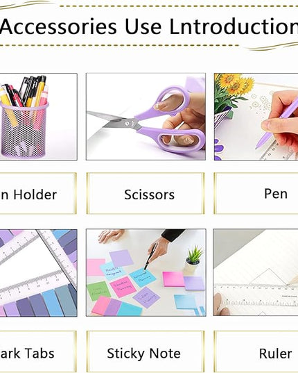 Office Supplies Set,Desk Accessories,Stapler And Tape Dispenser Set,Pen Holder,1000 Staples,Staple Remover,Hinder Clips,Ruler,Scissor,Index Tabs,Clear Tape,Ballpoint Pen,Sticky Notes,Coworkers(Purple)