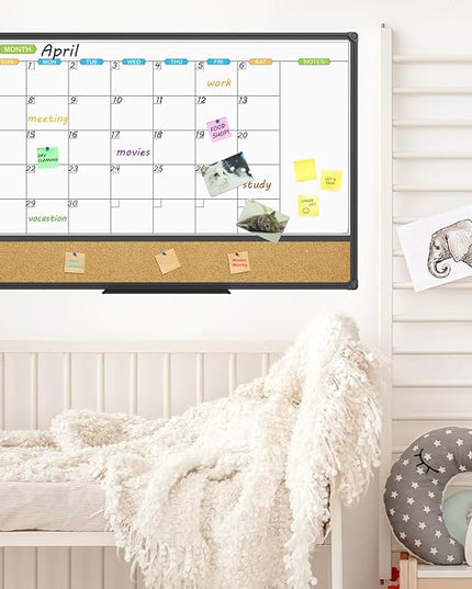 JILoffice Magnetic Calendar Whiteboard & Bulletin Corkboard Combination, Combo Board 36 x 24 Inch, Black Aluminum Frame Wall Mounted Board for Office Home and School with 10 Push Pins