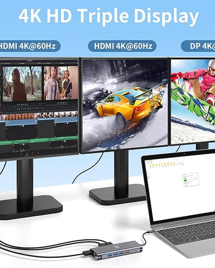 Docking Station 3 Monitors for HP/MacBook/Dell/Lenovo/Surface, USB C Docking Station with Dual 4K@60Hz HDMI & 4K DP, 14-in-1 USB C Hub with 100W PD, USB-A/C 3.1, 1Gbps Ethernet, SD/TF, 3.5mm Audio/Mic