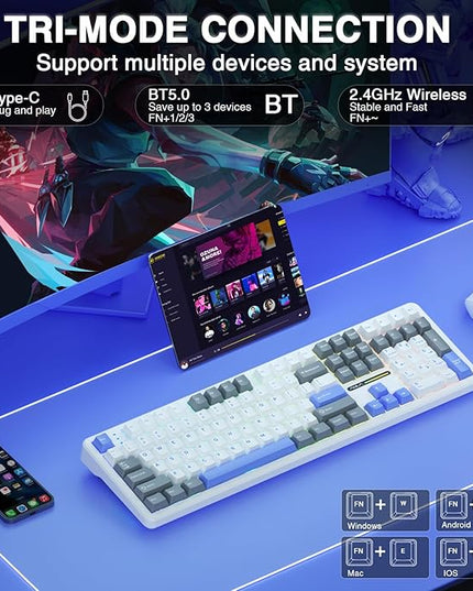 AULA F108 Wireless Mechanical Keyboard, BT5.0/USB-C/2.4GHz Hot Swappable Custom Gaming Keyboards, PBT Keycaps, Pre-lubed Switches, RGB Backlit Full Size Creamy Keyboard with Number Pad, 108 Keys