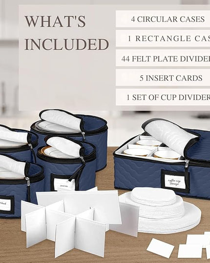 China Storage Containers 5-Piece Set Moving Boxes for Dinnerware, Glasses, Plates, Mugs and Saucers Sturdy Quilted Microfiber Dish Organizer with Dividers for Seasonal Storage - Holds Set of 12, blue