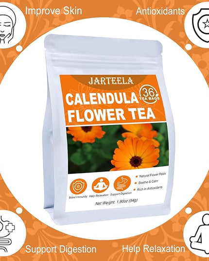 Jarteela Calendula Tea Bags, 1.5g x 36 - Natural, Non-GMO, Caffeine-free - Supports Digestion & Skin Health