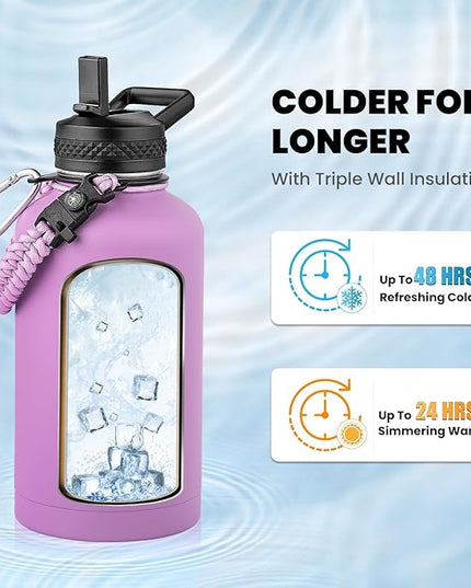 Insulated Water Bottle 64 oz, Triple Wall Vacuum Stainless Steel (Cold for 48 Hrs), Leak Proof & Non-BPA, Half Gallon Water Flask Jug with Paracord Handle & Straw Spout Lids, Lilac