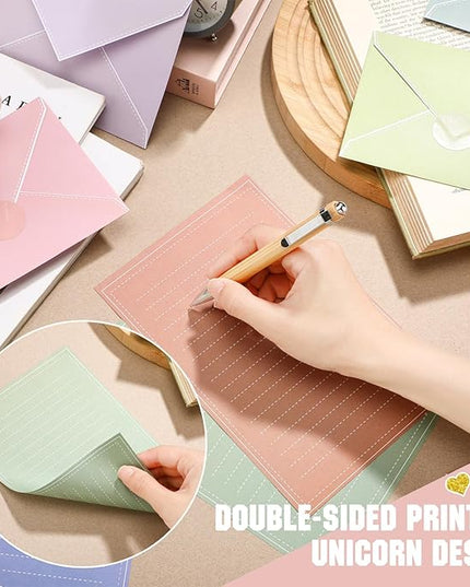 TaoBary 160 Packs Stationery Paper Set (50 Double Sided Stationery Writing Papers 50 Matching Envelopes) 60 Round Dot Sticker, 10 Design (Morandi Color)