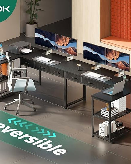 AODK 53 Inch L Shaped Computer Desk with Drawers, Corner Desk with Power Outlets & Reversible Storage Shelves, for Home Office Gaming, Black