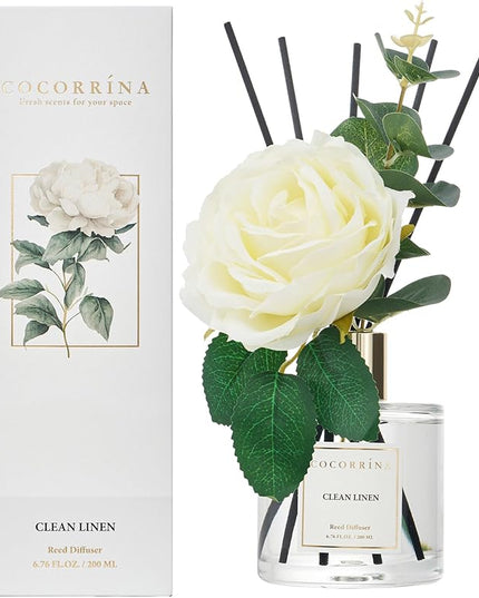 Cocorrína Flower Reed Diffuser - Clean Linen 6.7oz Scented Diffuser with Sticks Home Fragrance Essential Oil for Bathroom Shelf Decor (Artificial Flower)