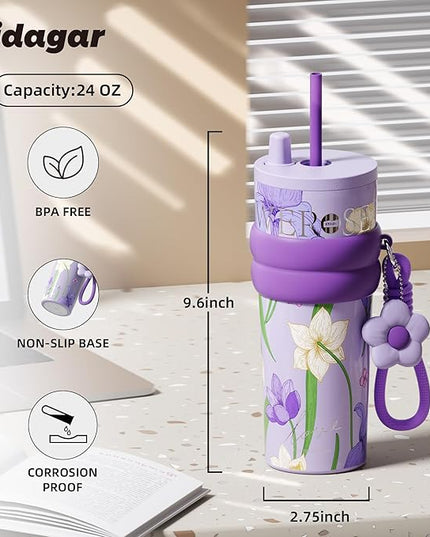 24 oz Stainless Steel Tumbler with Lid and Straw, Insulated Coffee Mug, Leak Proof, Portable Iced Travel Water Bottle, Reusable Thermal Coffee Cup, Floral Purple