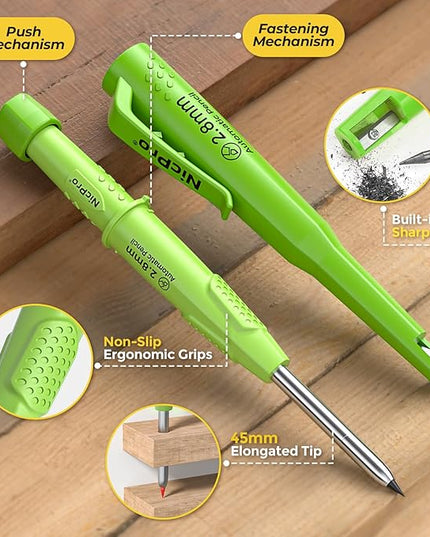 Nicpro CP3000 Carpenter Pencil with Sharpener, 2.8 mm Mechanical Pencils with 19 Refills, Deep Hole Marker for Construction, Heavy Duty Woodworking Pencil, Carpenter Tools for Architect Marking(Green)