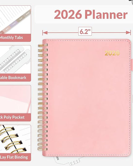 SUNEE 2026 Weekly & Monthly Planner 6.4"x8.5"- 12 Month (January 2026 - December 2026), Vegan Leather Cover, Pocket, Bookmark, Notes, Monthly Tab, Peach Pink