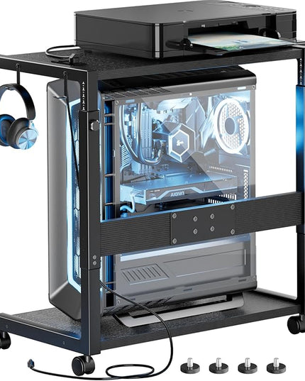 JANE EYRE PC Tower Stand - Adjustable Computer Tower Stand with Charging Station CPU Holder with Wheels for Home Office Gaming, Upgraded Larger Size 25.9" to 34.9" Height
