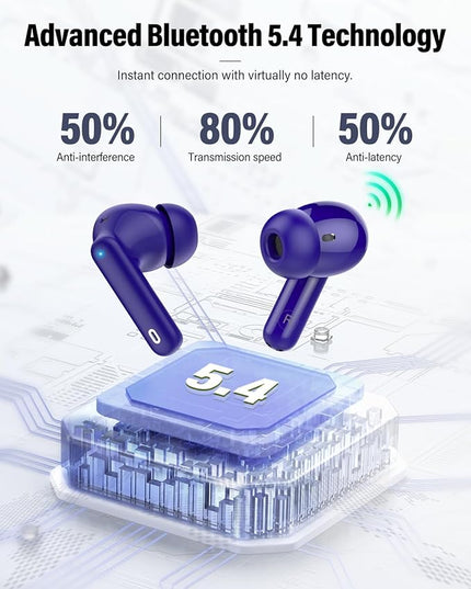 Wireless Earbuds, Bluetooth 5.4 Headphones Bass Stereo, Ear Buds with Noise Cancelling Mic, LED Display in Ear Earphones Clear Calls, IP7 Waterproof Bluetooth Earbuds for Laptop/Phones, Dark Blue