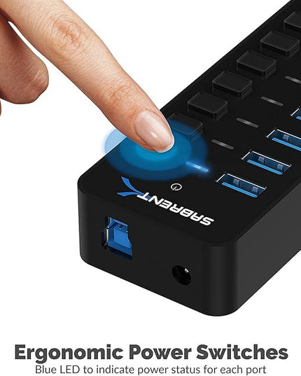 SABRENT 10-Port USB 3.0 Hub, Individual Power Switches and LEDs, 3 Smart Charging Ports, 60W Power Adapter, for PC, Mac, Xbox, PS5, Laptop, Desktop, USB Devices (HB-B7C3)