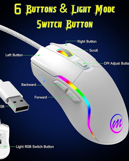 memzuoix Wired Gaming Mouse with RGB - 6 Adjustable DPI up to 12800, 6 Buttons, 12 Lighting Modes, Ergonomic Design with Anti-Slip Rubber Wheel, 5.6ft Braided Cable for PC/Mac/Windows - White