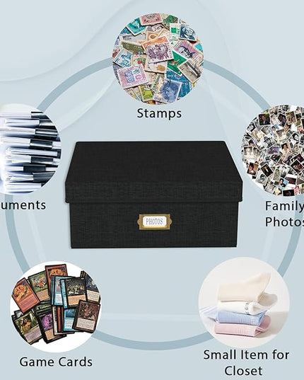 Decorative Photo Storage Box - Linen Photo Box Organizer with Dividers, Fits Holds Up to 1700 Pictures and 4x6 Photos, Memory Keepsake Organizer for Photos, Scrapbook Supplies, Cards, Stamps (Black)
