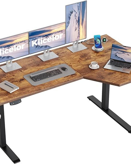 Klicelor 59 Inch L Shaped Standing Desk, Adjustable Height Corner Desk for Home Office Workstation, Sit Stand Desk with Two-Piece Desktop, Rustic Brown