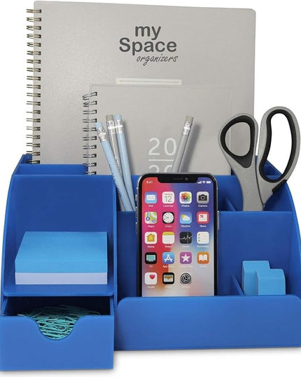 My Space Organizers Blue Desk Organizer, 9 Compartments, Office Supplies and Desk Accessories Organizer, Pen Holder Decor Desktop (Blue)
