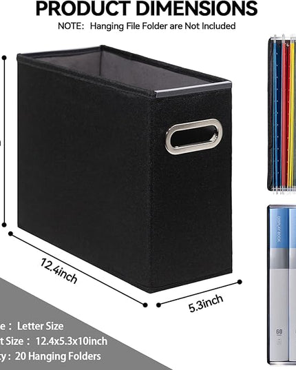 4 Pack Letter Size File Storage Box Collapsible, Fabric Hanging File Folders Organizer, Portable Office Document Holder with Metal Handle, Smooth PVC Rails, Black