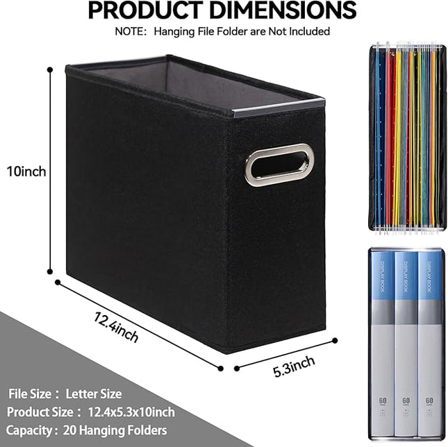 4 Pack Letter Size File Storage Box Collapsible, Fabric Hanging File Folders Organizer, Portable Office Document Holder with Metal Handle, Smooth PVC Rails, Black