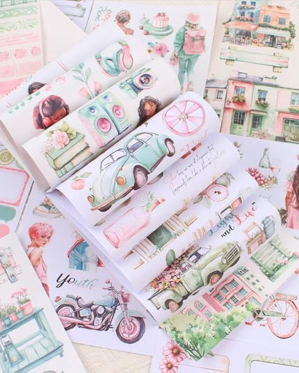 Dwpetzo Breezy Holiday Scenery Pre-Cut Journal Sticker Book for Women Journaling, Assorted Materials Paper PET Washi Stickers for Scrapbooking, Junk Journal Supplies, Planner, Collage, Crafts Arts