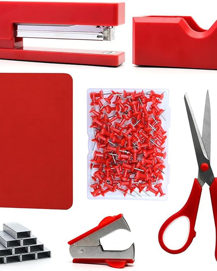 Red Office Supplies,UPIHO Red Desk Accessories,Stapler and Tape Dispenser Set for Women with Stapler,Tape Dispenser,Staple Remover,Staples,Push Pins,Scissor and Pocket Notebook,Gift for Office Clerks