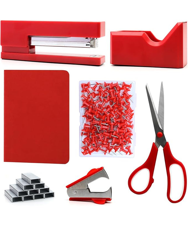 Red Office Supplies,UPIHO Red Desk Accessories,Stapler and Tape Dispenser Set for Women with Stapler,Tape Dispenser,Staple Remover,Staples,Push Pins,Scissor and Pocket Notebook,Gift for Office Clerks