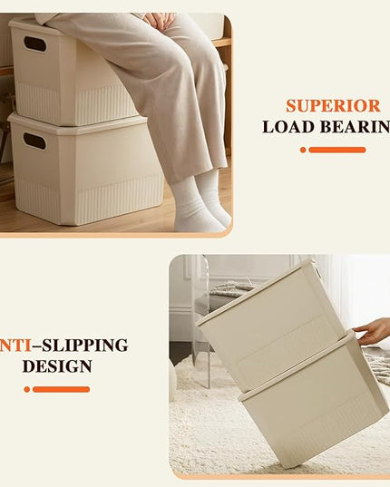 ANMINY 5PCS Plastic Storage Bins Containers with Lids, Large Storage Organization Bins Boxes, Lidded Plastic Storage Baskets for Closet Shelves Drawers Desktop Home Office, Ivory