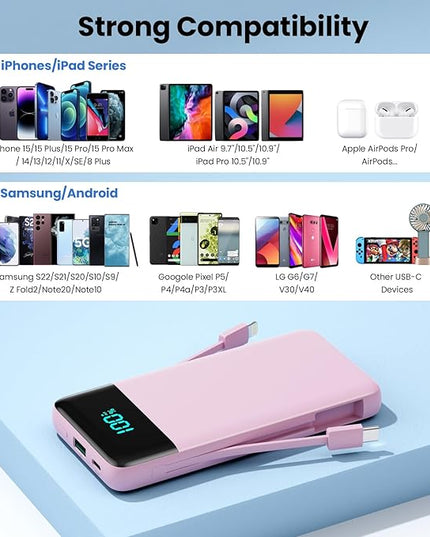 Portable Charger for iPhone with Built in Cables and Wall Plug,Upgraded 13800mAh Fast Charging USB C Power Bank,4 Outputs Travel Essential Battery Pack Compatible with iPhone 17/16/15/14,Samsung-Pink