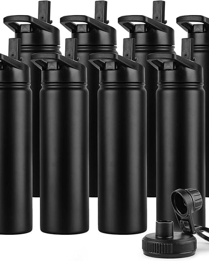 DOMICARE Insulated Water Bottle, 22 oz Vacuum Insulated Stainless Steel Reusable Sports Bottle with Straw Lid & Spout Lid for Travel, Camping, Bike, Leakproof, Black, 8 Pack