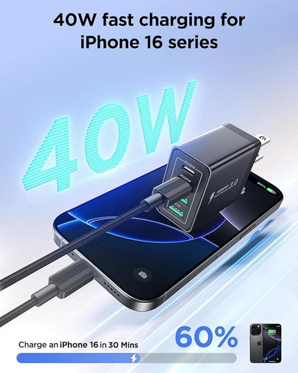 40W USB C Charger Cube, 2Pack 4-Ports Wall Plug Fast Charging Block with 6FT USBC to USBC Cord, Multiport Brick Type C Box Compatible with iPhone 16/15, Samsung S25 S24 S23, iPad, Cellphones Charger
