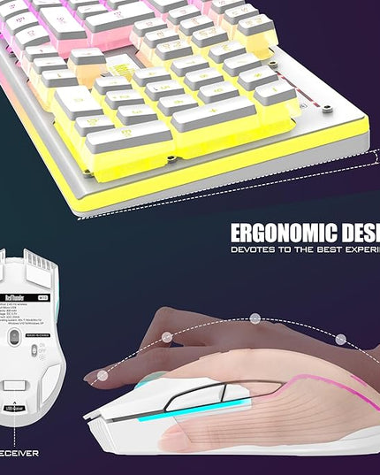 RedThunder K10 Wireless Gaming Keyboard and Mouse Combo, RGB Backlit Rechargeable 3800mAh Battery, Mechanical Feel Anti-ghosting Keyboard + 7D 3200DPI Mice for PC Gamer(White Pudding)