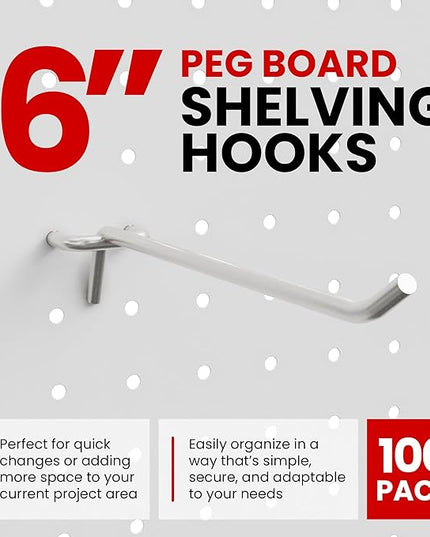 100 Pack PEG Board Pegboard Shelving Hooks 6" Length Wholesale Lot
