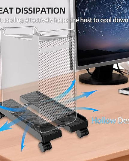 Adjustable Mobile CPU Stand, Ventilated Computer Tower Stand with 4 Caster Wheels Fits Most PC Tower, Under Desk CPU Holder PC Floor Cart Computer Riser for Gamers and Students (Large Black)