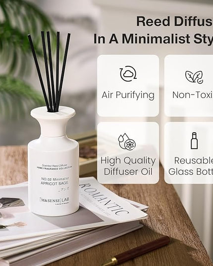 M&SENSE Reed Diffuser Set, 10.14 fl oz Large Reed Diffuser, Apricot Sage Scented with Natural Essential Oils, Long Lasting with 7 Sticks, Non-Toxic Home Fragrance Reed Diffuser for Bedroom, Bathroom