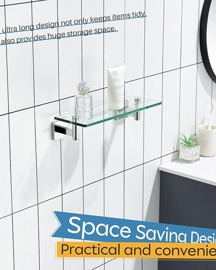 KOKOSIRI Bathroom Shelves Wall Mounted Floating Glass Shelf Polished Stainless Steel 12-Inch Hanging Rack for Storage/Room Decor 2 Pack B1105CH-L12-P2