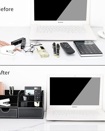 KINGFOM Pu Leather Desk Organizer Pen Pencil Holder Office Supplies Caddy Storage Box 6 Compartments with Drawer Black