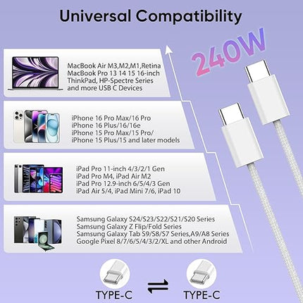 USB C to USB C,240W USBC Woven Charge Cable,10FT 2Pack Long USBC Cable Fast Charging Cord for Apple MacBook Pro/MacBook Air,iPad Pro/Air,iPad mini,iPhone 16e 16 15 ProMax Compatible 140W/100W/60W/45W