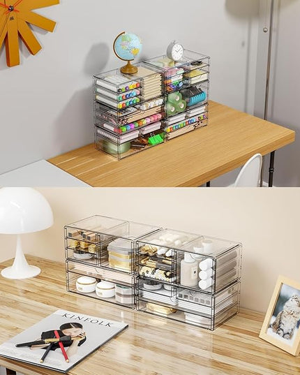 Yieach 3Pack Clear Drawer Organizers Stackable,Acrylic Storage Drawers With 10 Drawers,Multipurpose Office Supply Organizer and Makeup Organizer for Beauty,Craft,Pen,Medical,Stationary Desk Organizers