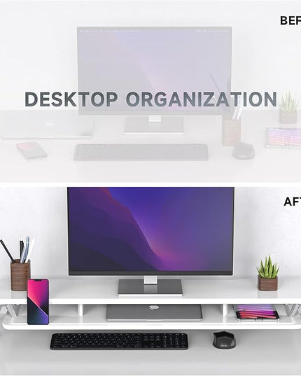 Fenge Dual Monitor Stand, Monitor Stands Riser for 2 monitors, 42.5 Inch Wood Desk Shelf with Storage Organizer and Cable Management for Office Desk Accessories
