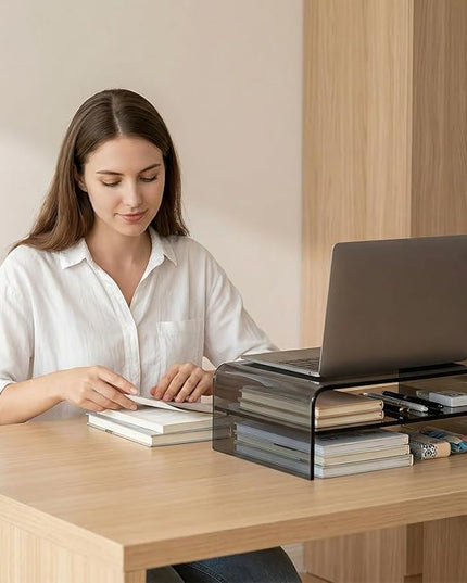 Clear Acrylic 2-Tier Monitor Stand & Desk Organizer - 16"x9.4"x5.5 H Home Office Riser with Keyboard Storage, Fits PC, Laptop, iMac, Printer, TV & Multi-Media Devices (Transparent grey)