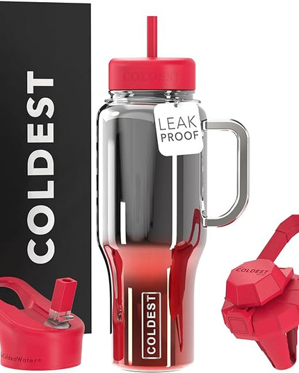 Coldest Tumbler with Handle and Straw - 100% Spill Proof Tumbler with Straw (3 Lids) - Stainless Steel Insulated Leakproof Tumblers for Women & Men - Cup Holder Friendly - 36 oz (Fire Nova)