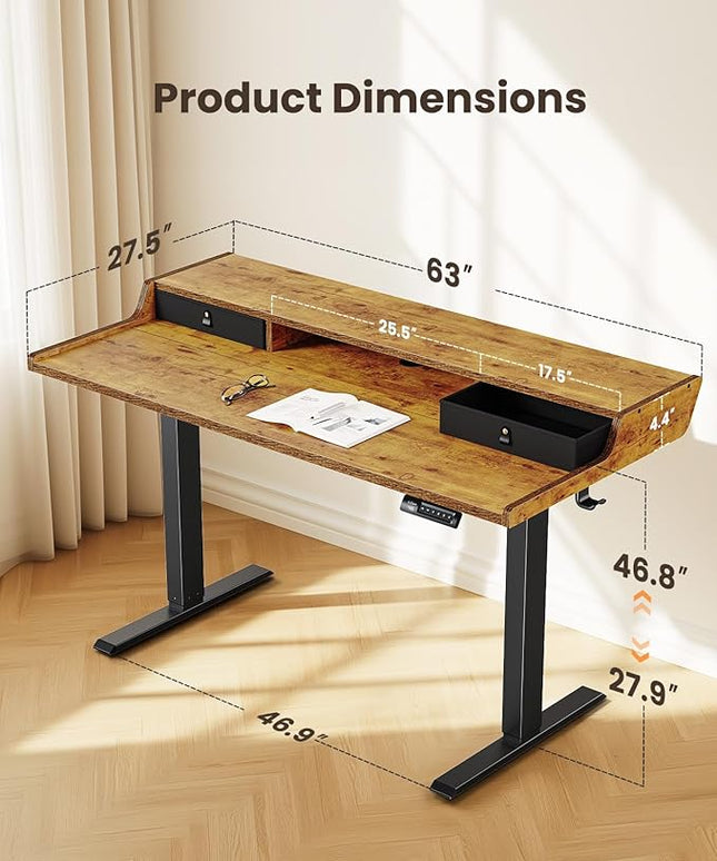 ErGear Electric Standing Desk with Drawers, 63″ x 28″ Gaming Table Compatible Monitor Stand, Stand up Desks, Home Office Height-Adjustable Desk with Storage Shelf, 4 Preset Heights, Vintage Brown
